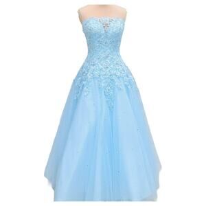 Mori Lee Blue Strapless Ballgown Rhinestone Bling Lace Corset Cinderella Sz 10